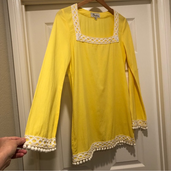SEATON Retro Yellow Tunic Beach Pool Coverup 100% Cotton PomPon Fringe Size M - Picture 11 of 15